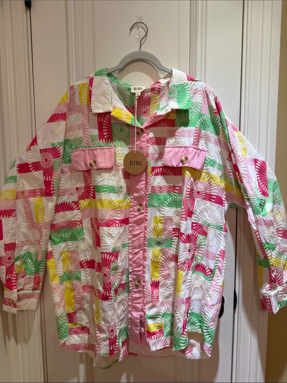 BiBi Floral Colorful Plaid Patchwork Shacket w/ Embroidered Floral-NWT-Sz XL